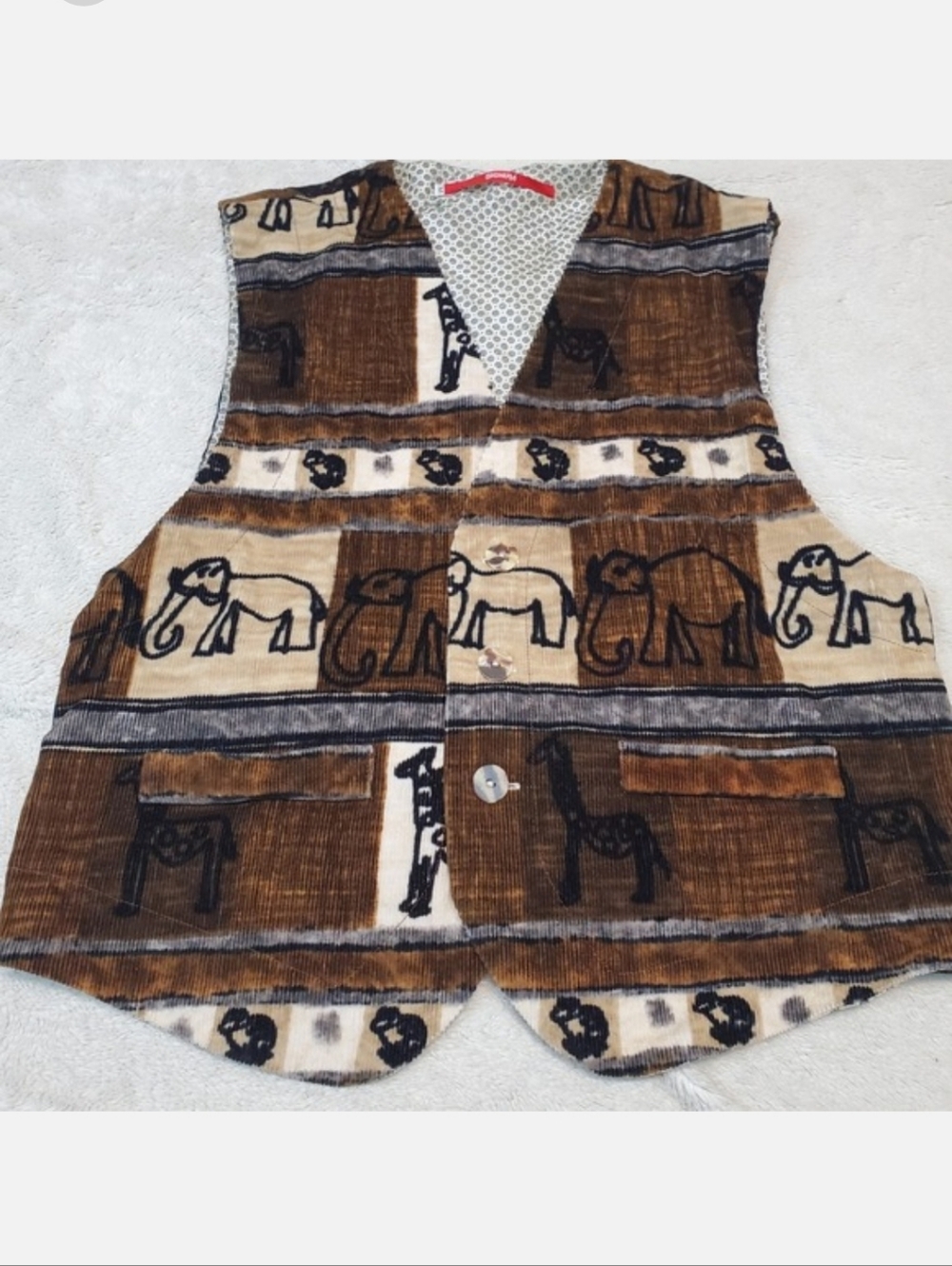 Signum Brown Tan Animal Print Y2K Retro Preppy Rustic Corduroy Button Vest Men M